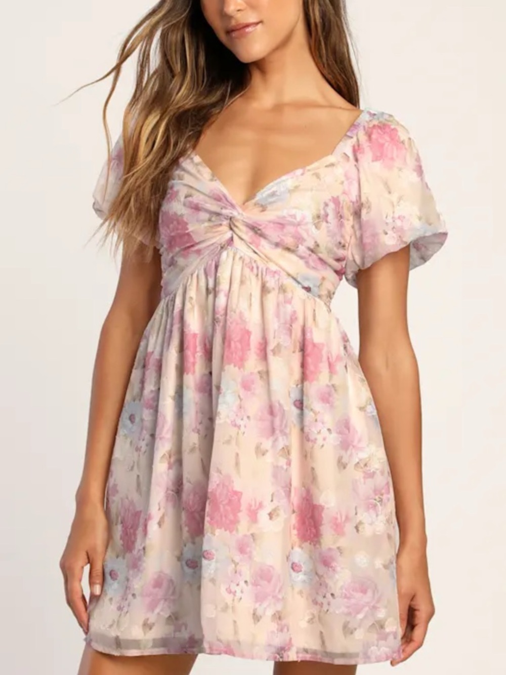 Lulu's Cream Floral Puff-Sleeve Dress with Pink and Light Blue Small